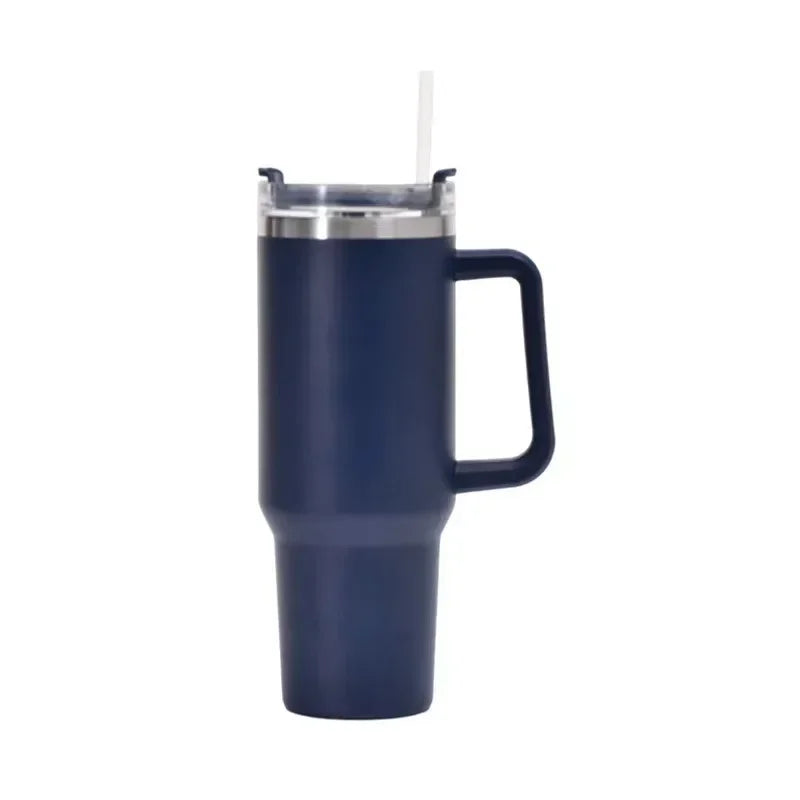 Garrafa de água de aço inoxidável Caneca de café para carro Copo personalizado com alça Tampa Palha Copo térmico a vácuo