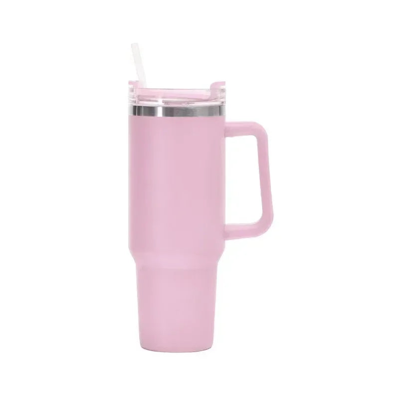 Garrafa de água de aço inoxidável Caneca de café para carro Copo personalizado com alça Tampa Palha Copo térmico a vácuo