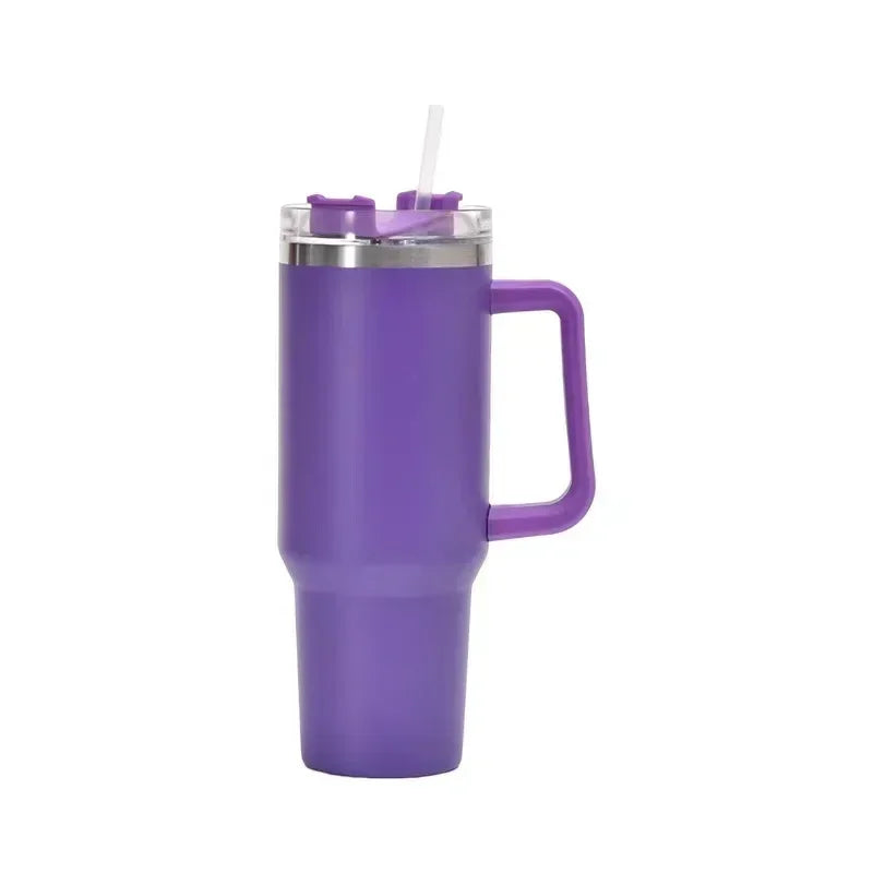 Garrafa de água de aço inoxidável Caneca de café para carro Copo personalizado com alça Tampa Palha Copo térmico a vácuo