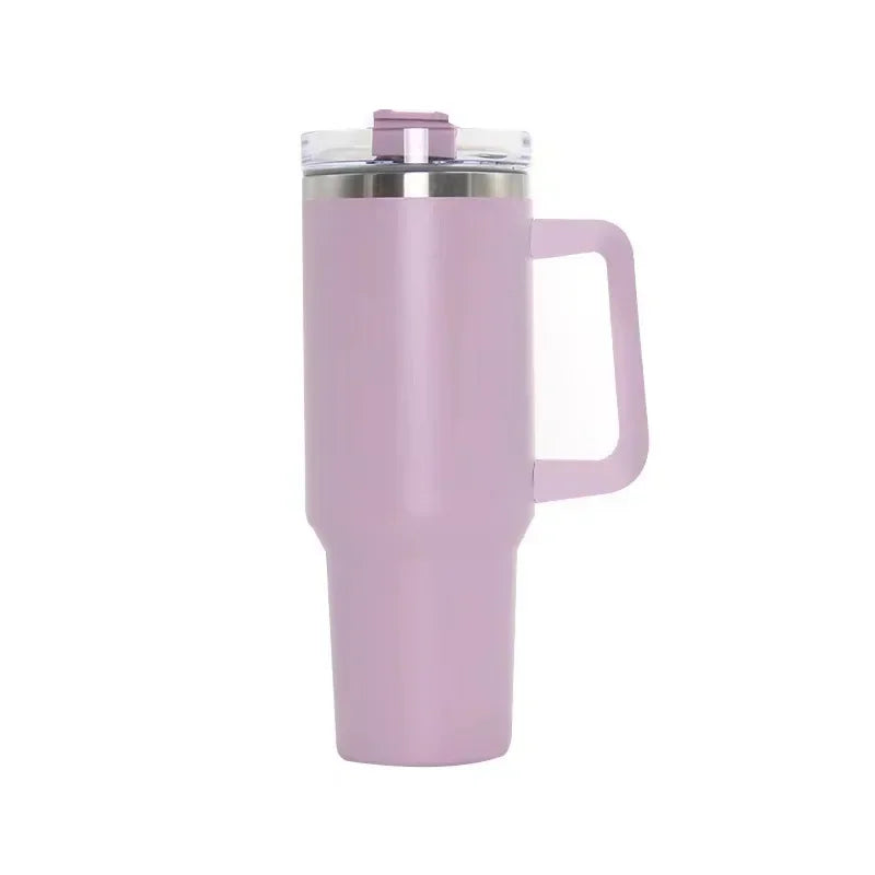 Garrafa de água de aço inoxidável Caneca de café para carro Copo personalizado com alça Tampa Palha Copo térmico a vácuo