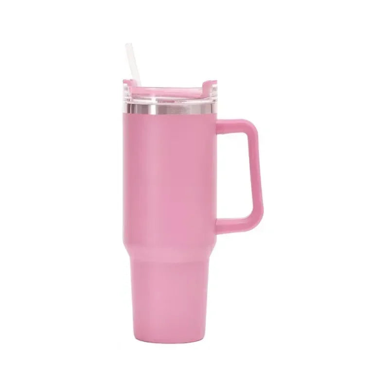 Garrafa de água de aço inoxidável Caneca de café para carro Copo personalizado com alça Tampa Palha Copo térmico a vácuo