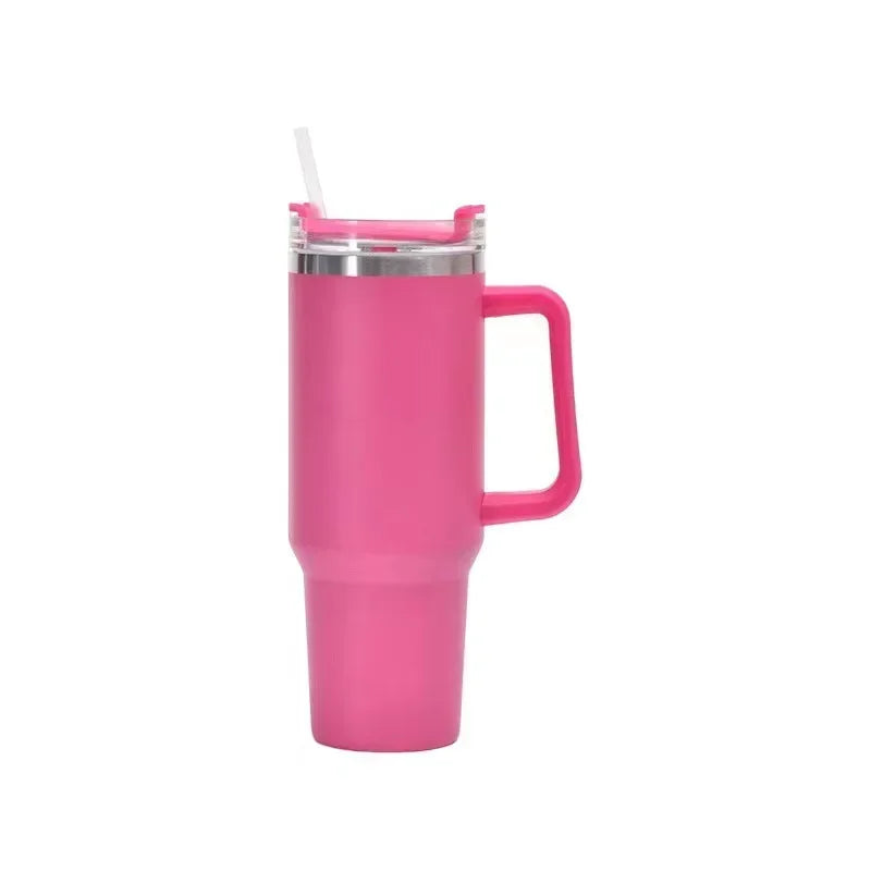 Garrafa de água de aço inoxidável Caneca de café para carro Copo personalizado com alça Tampa Palha Copo térmico a vácuo