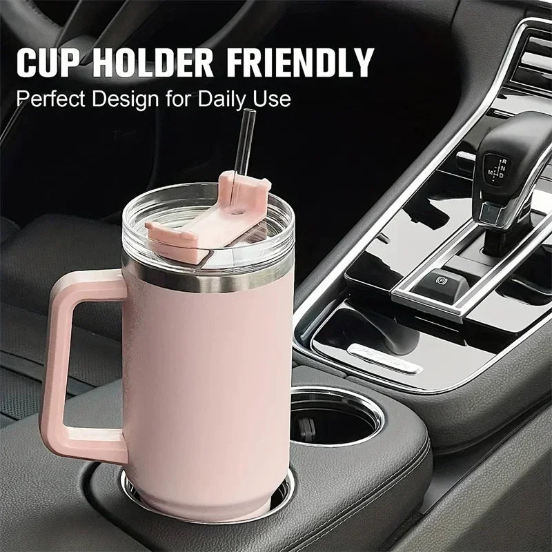 Garrafa de água de aço inoxidável Caneca de café para carro Copo personalizado com alça Tampa Palha Copo térmico a vácuo